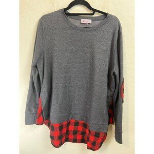 Maacie XL Grey Tunic Length Sweatshirt with Contrasting Black Red Plaid Elbow an